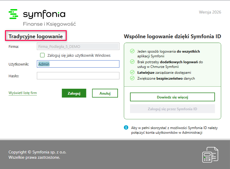 Ekran logowania do programu