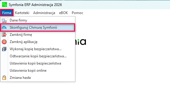 Menu konfiguracji Chmury Symfonii ERP