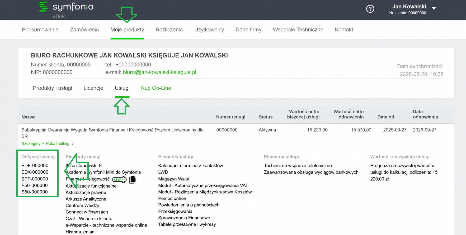 Widok usługi w Symfonia eBOK z numerem usługi i przypisanymi numerami seryjnymi